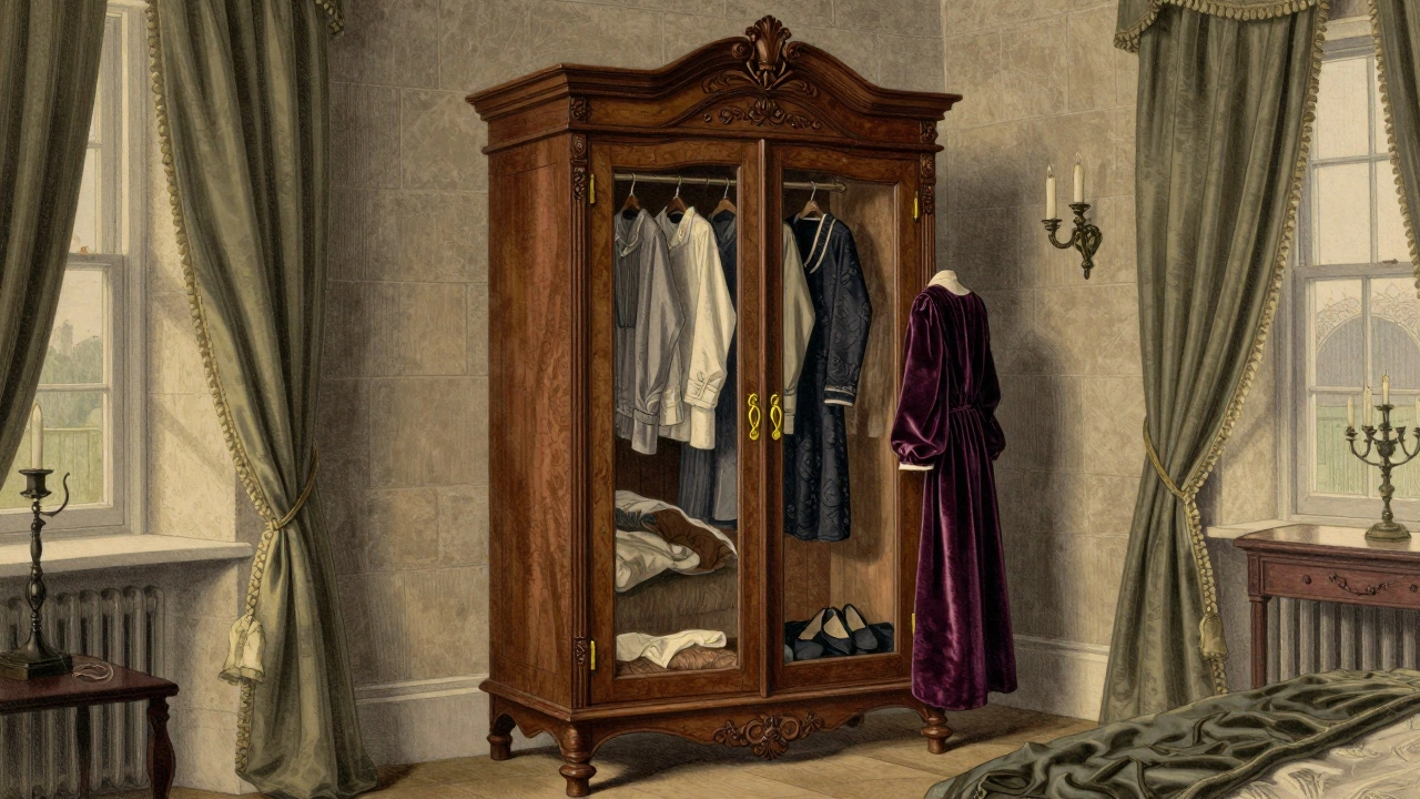 Ornate wooden wardrobe in a 19th-century British bedroom with mirrored doors.
