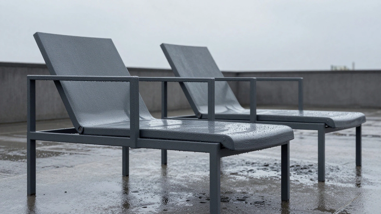 Powder-coated aluminum lounge chairs repelling rain with clean modern design and no rust.