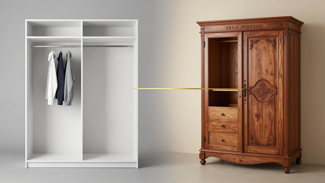 Side-by-side comparison of simple wardrobe and ornate armoire, symbolic of function vs. style.