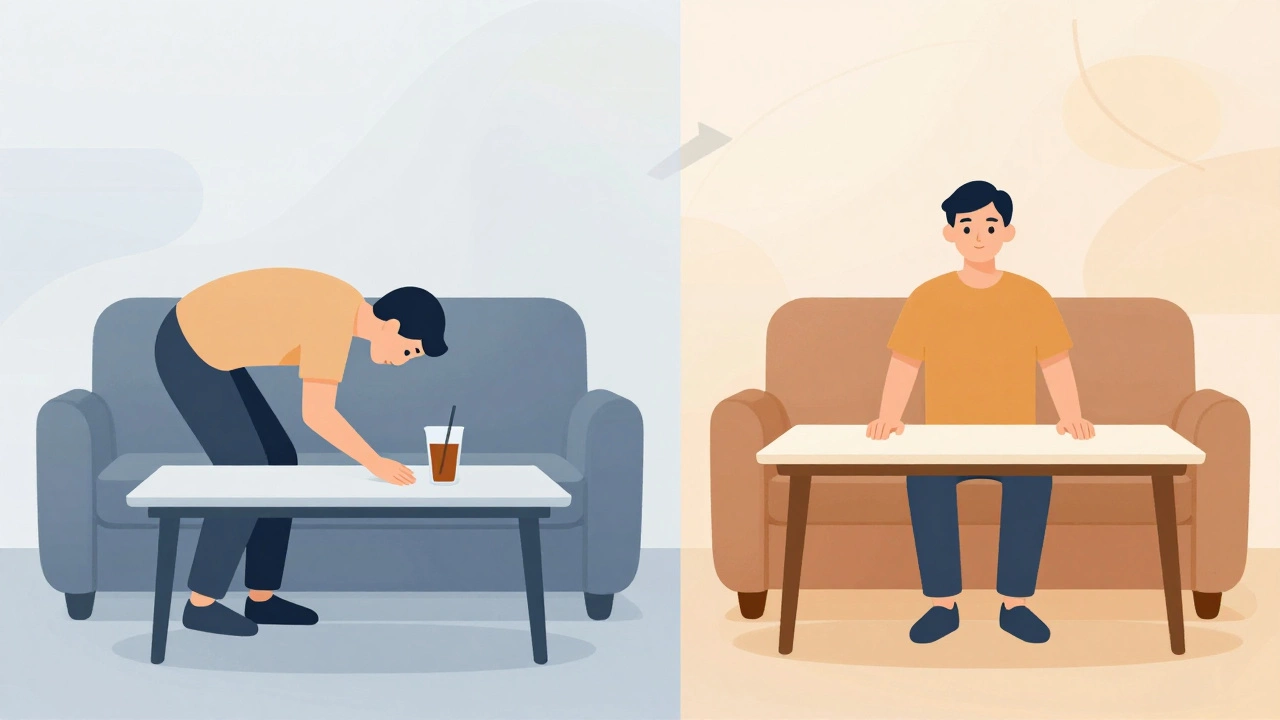 Side-by-side comparison of uncomfortable vs comfortable table height with couch.