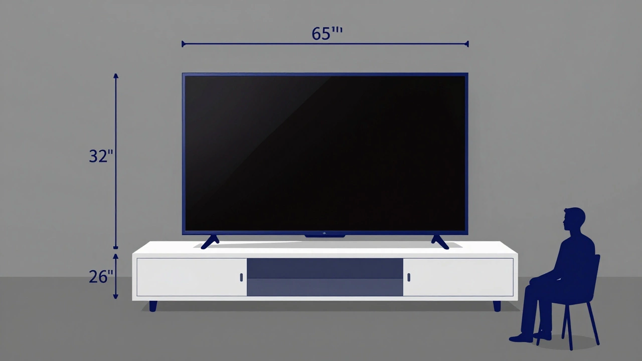 Side-view diagram showing TV height measurements relative to seated eye level, with labeled distances and human silhouette.