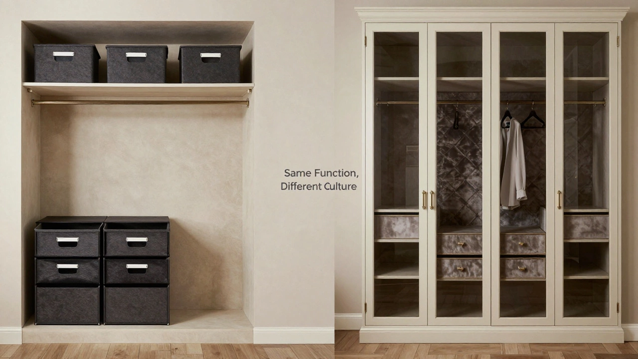 Split image comparing American closet and European armoire for clothing storage.