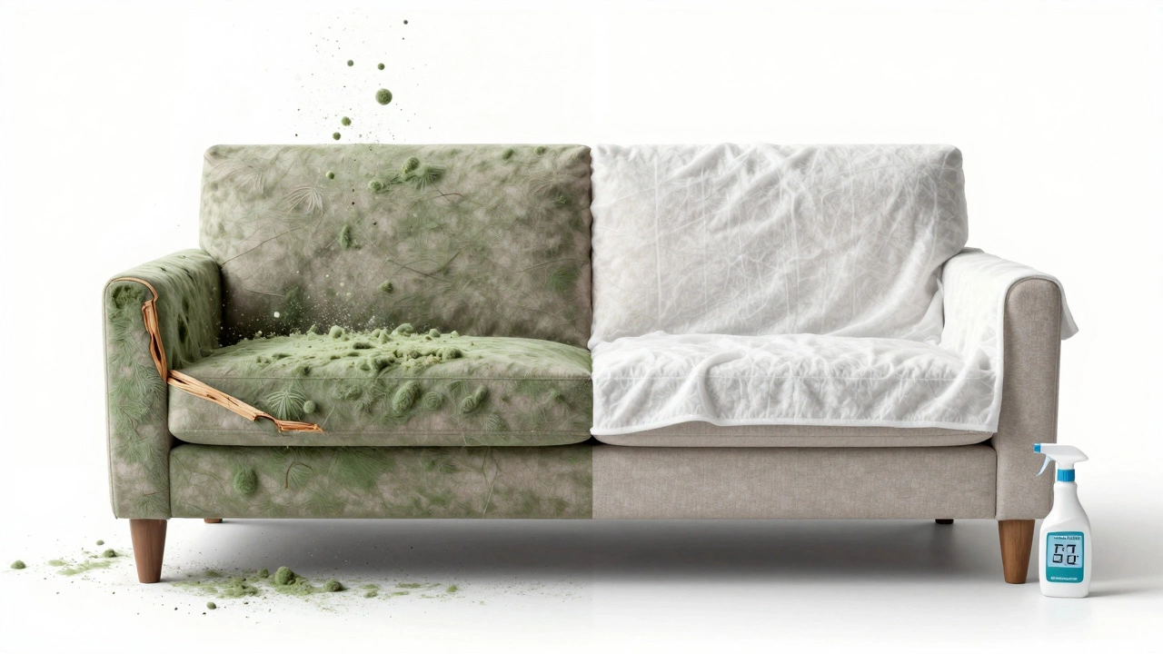 Split image: mold-damaged couch versus clean, well-stored couch with prevention tools.