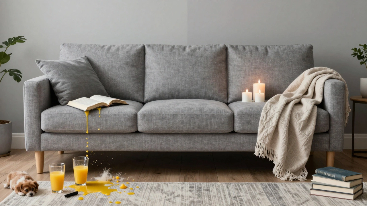 Split image showing a grey sofa in a messy home on one side and a styled version on the other, representing versatility.