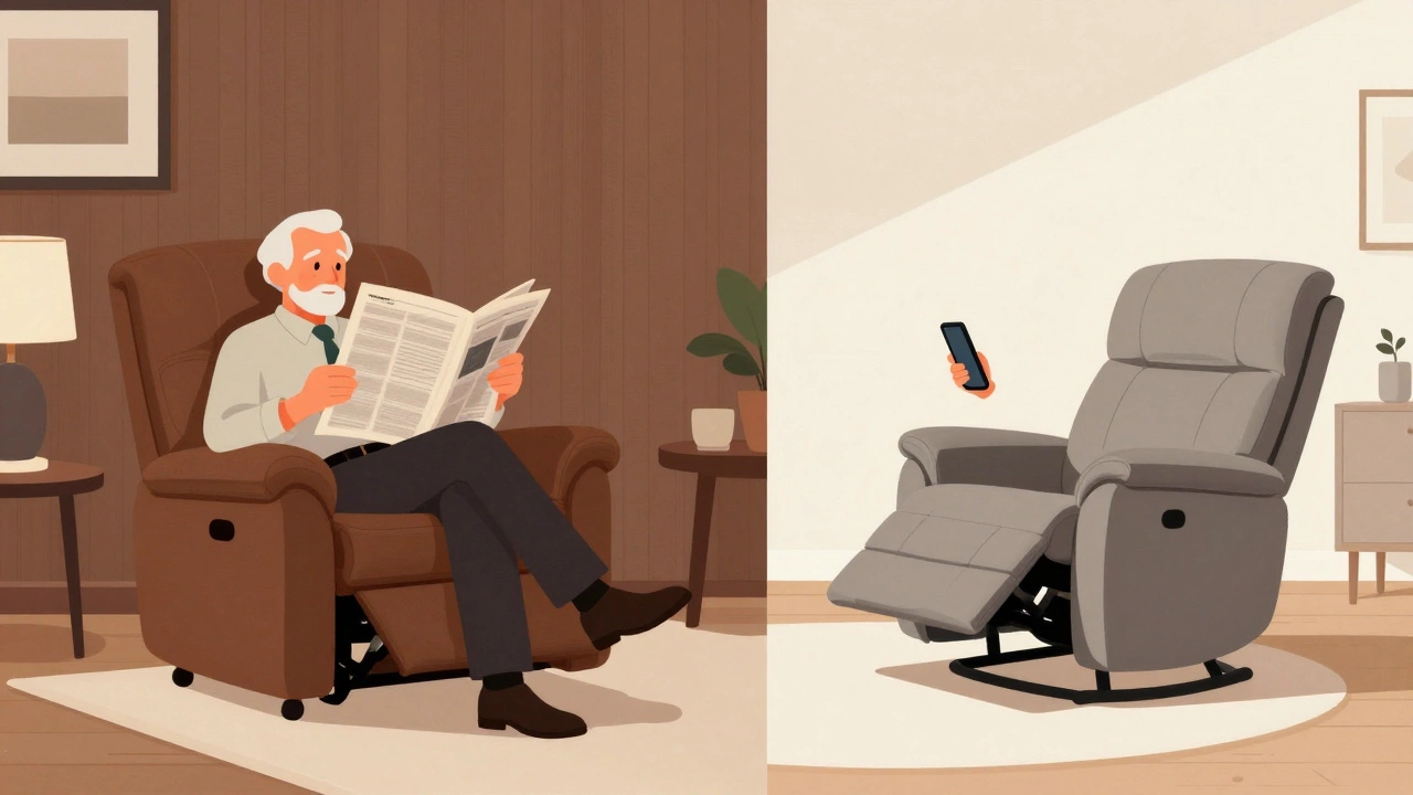 Split-screen: classic Flexsteel recliner in 1990s living room vs. modern DTC recliner in minimalist apartment.