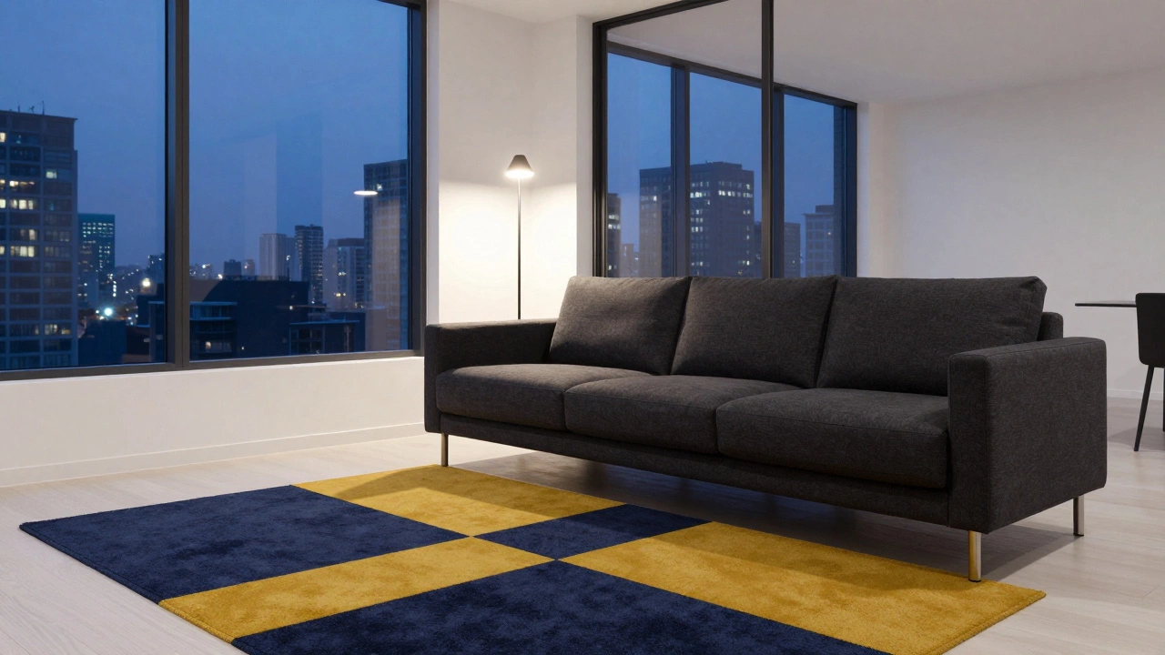 A charcoal sofa against white walls with a bold rug in a modern urban apartment at dusk.