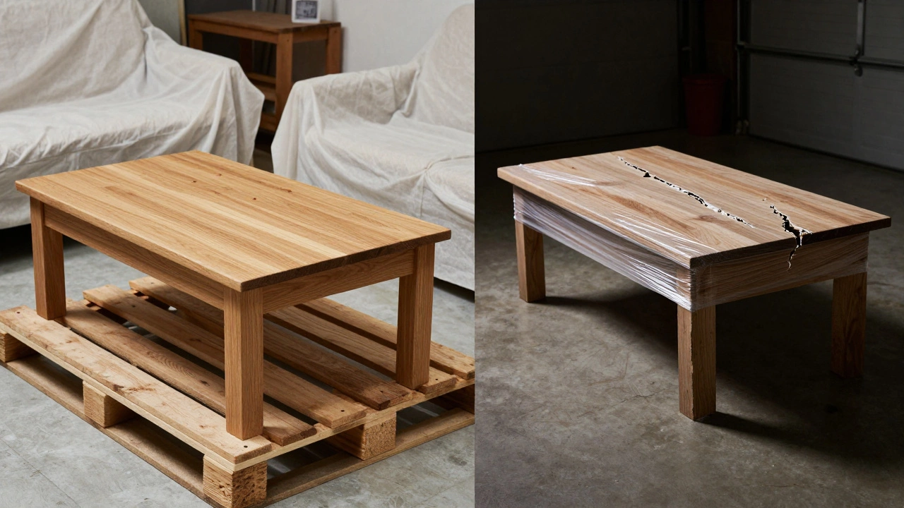 A climate-controlled storage unit versus a garage environment showing wood furniture damage.