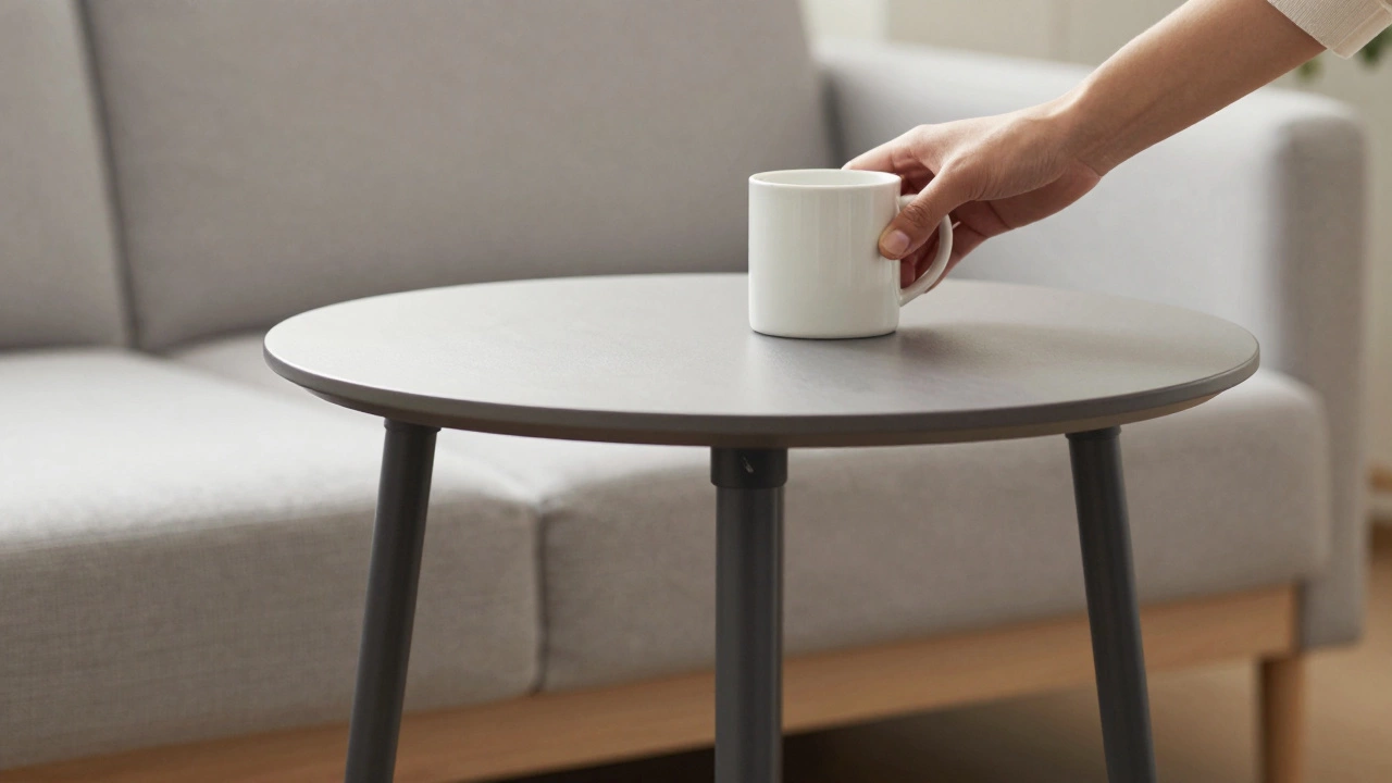 A coffee table at ideal height next to a sofa cushion, showing comfortable reach.