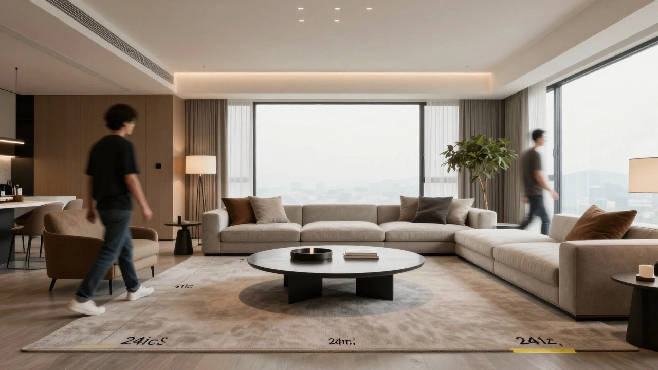 A large round coffee table in an open living room with clear pathways around it.