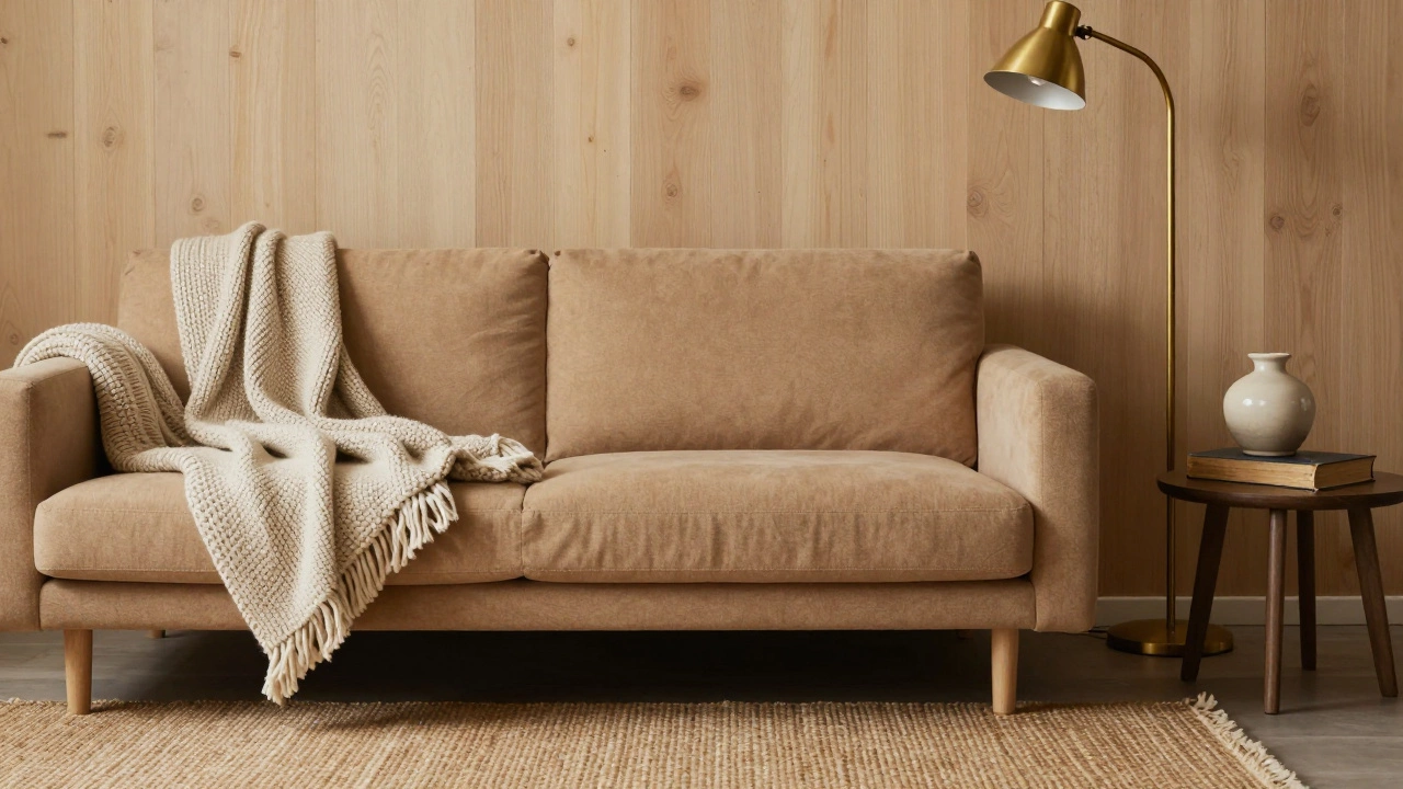 A warm beige sofa with textured throws and brass accents in a cozy Scandinavian-style space.