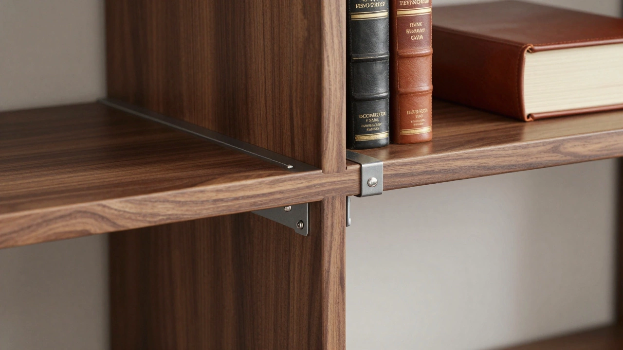 Close-up of a walnut bookshelf showing intricate dovetail joints and reinforced steel brackets.