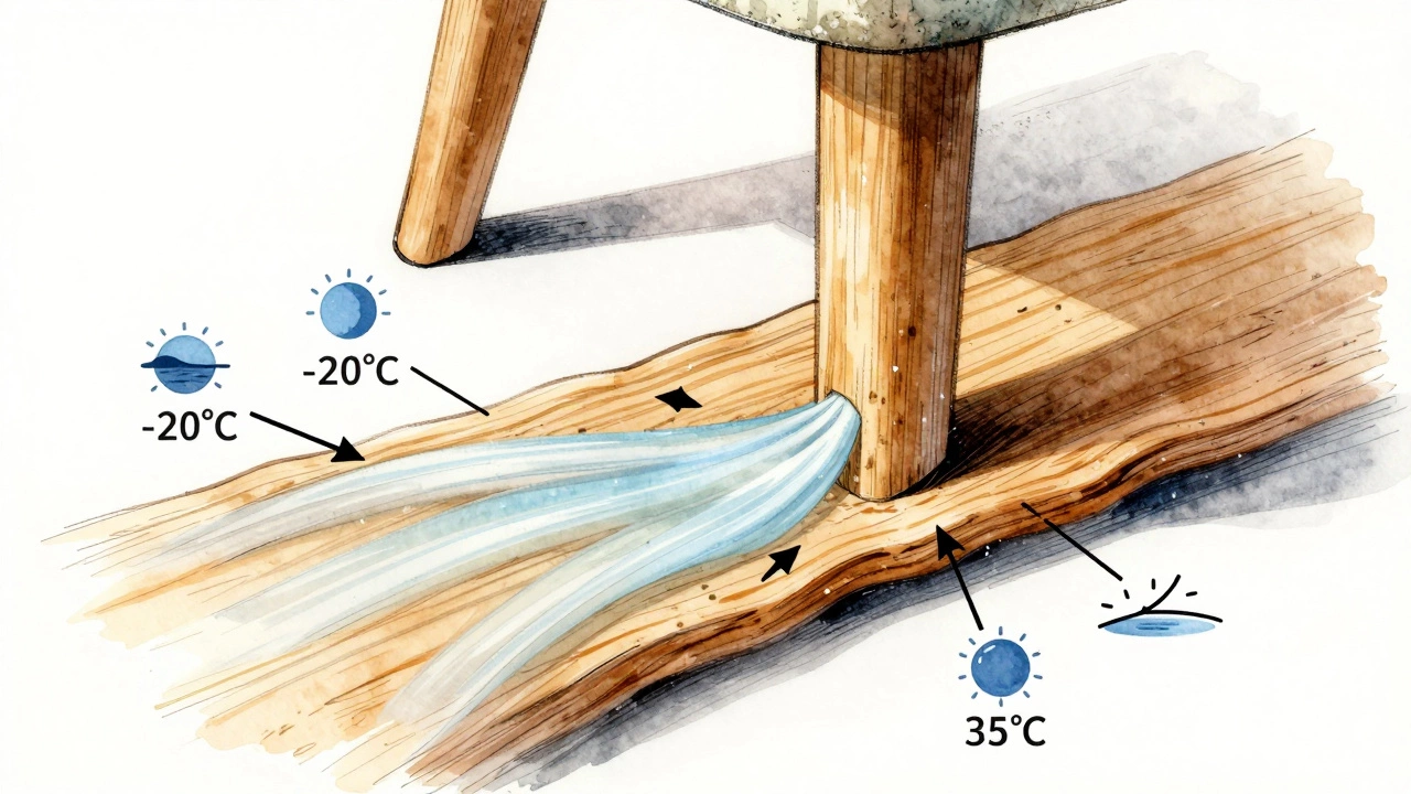 Conceptual illustration of wood fibers reacting to humidity and temperature changes.