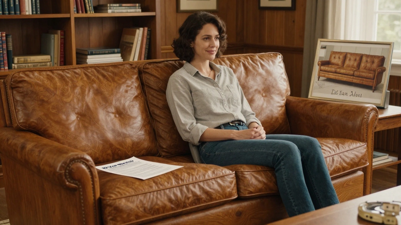 Ethan Allen sofa in a wood-paneled room, with a warranty document and a faded photo of the same sofa from 12 years ago.