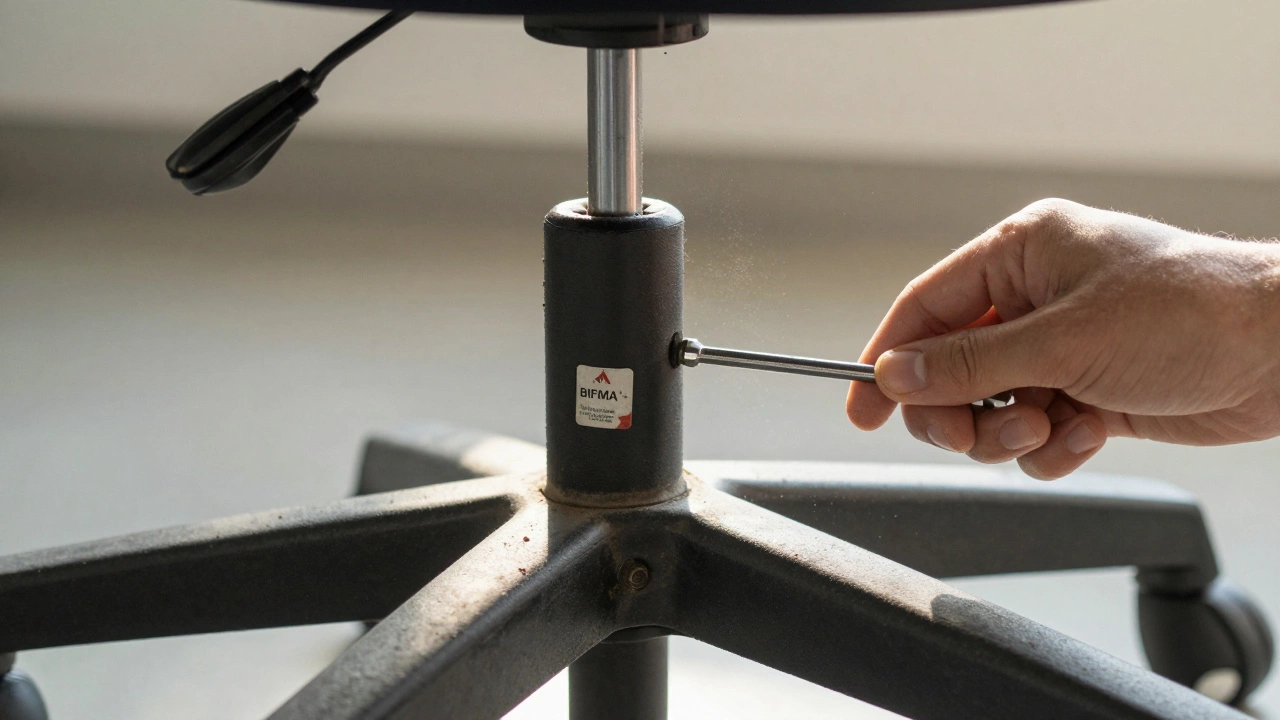Hand tightening a loose bolt on a worn office chair base with visible wear.