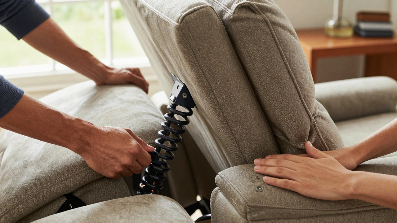 Hands testing recliner mechanisms: Flexsteel springs, Barcalounger motorized headrest, and Ashley Luxe leather seat.