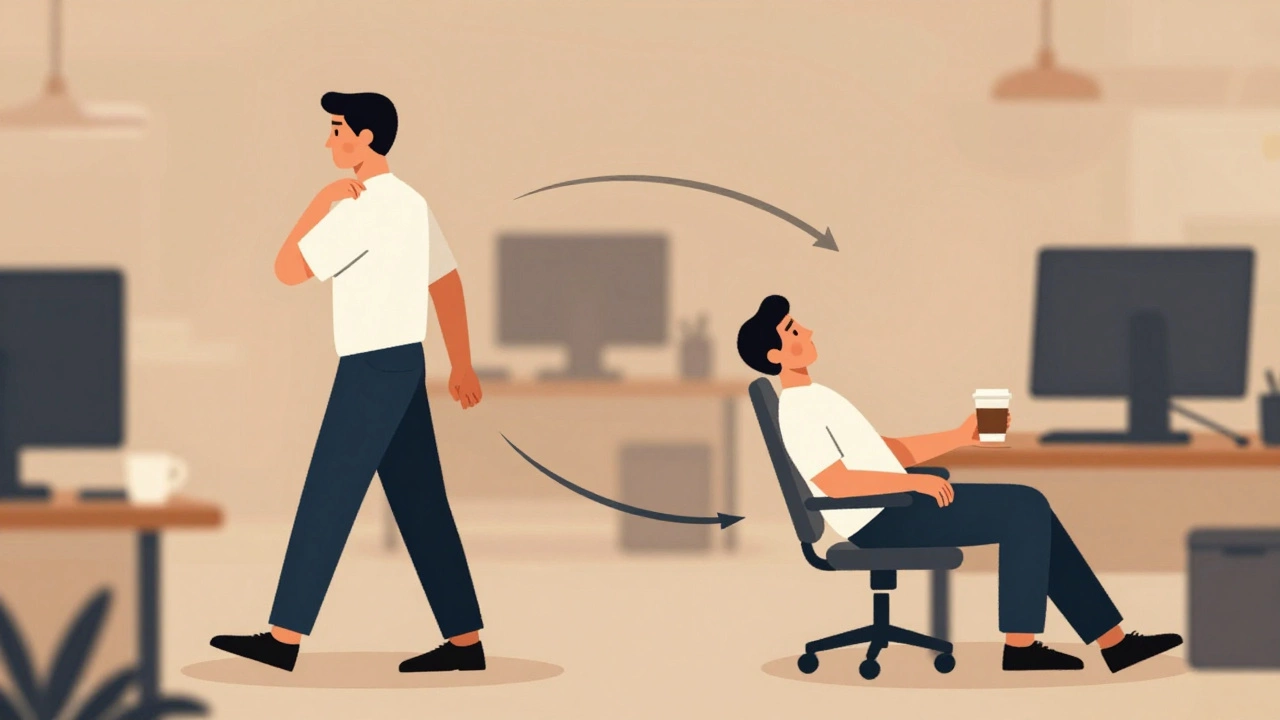 Illustration showing contrast between tense upright sitting and relaxed reclined posture at a desk.
