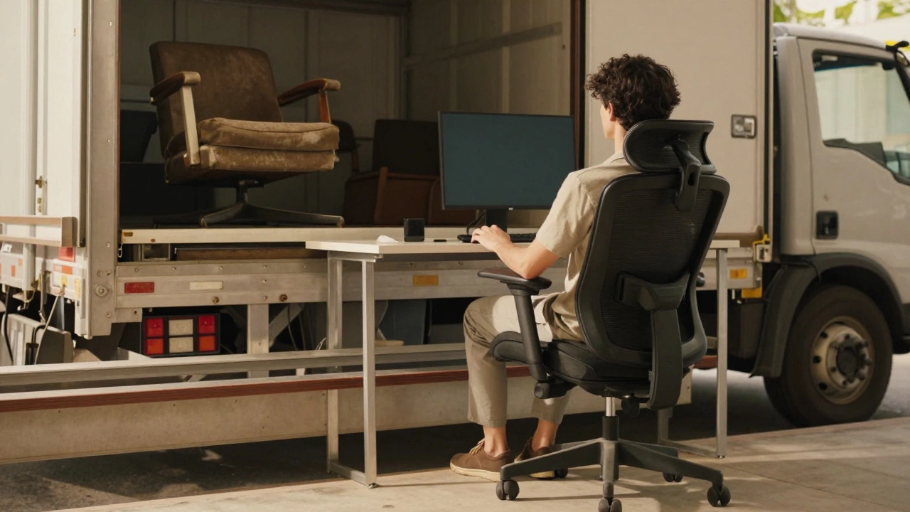 Person sitting comfortably in a new ergonomic chair as an old one is recycled outside.