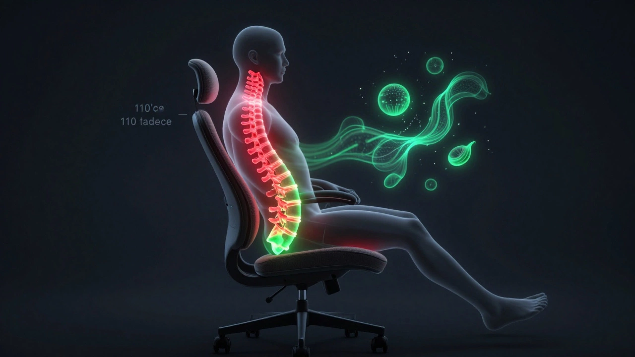 Spine silhouette inside a chair with glowing pressure zones showing reduced strain in reclined position.