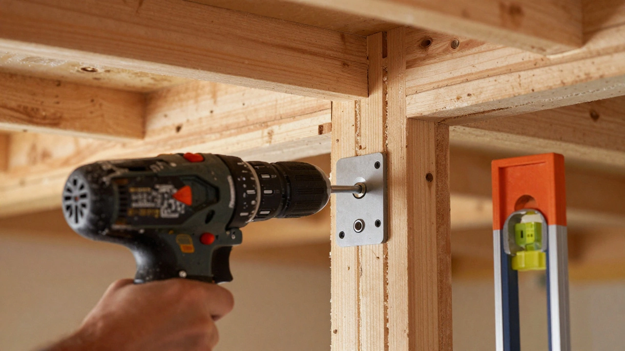 Wall-mounted TV securely installed on studs with level tool, safe setup