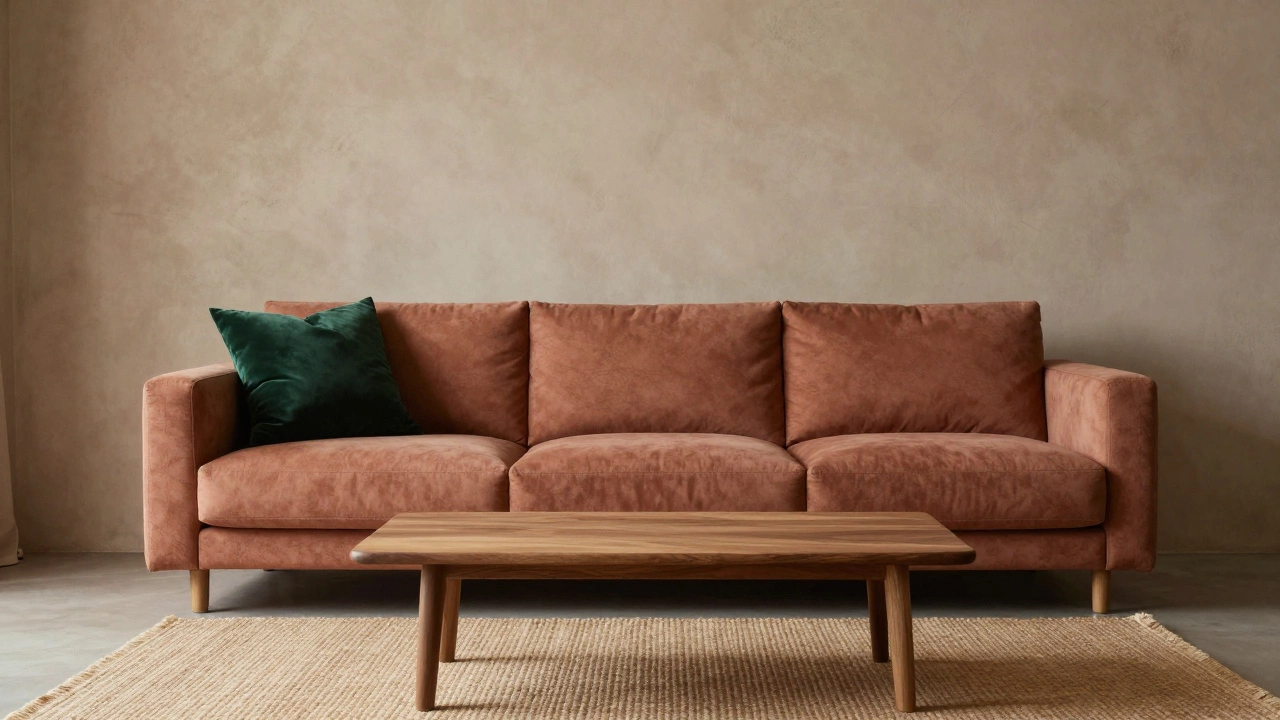 A dusty terracotta corner sofa with a dark green accent pillow and wooden furniture in a serene, clutter-free living space.