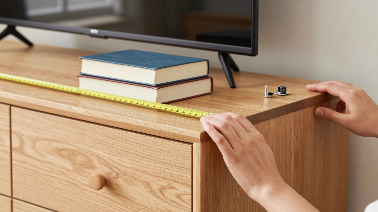 A person testing a dresser's stability with a book box and measuring tape, checking for wobble.