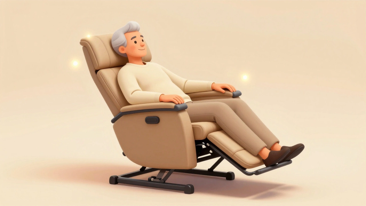 A senior recliner with adjustable support and power-lift function, offering ergonomic comfort.
