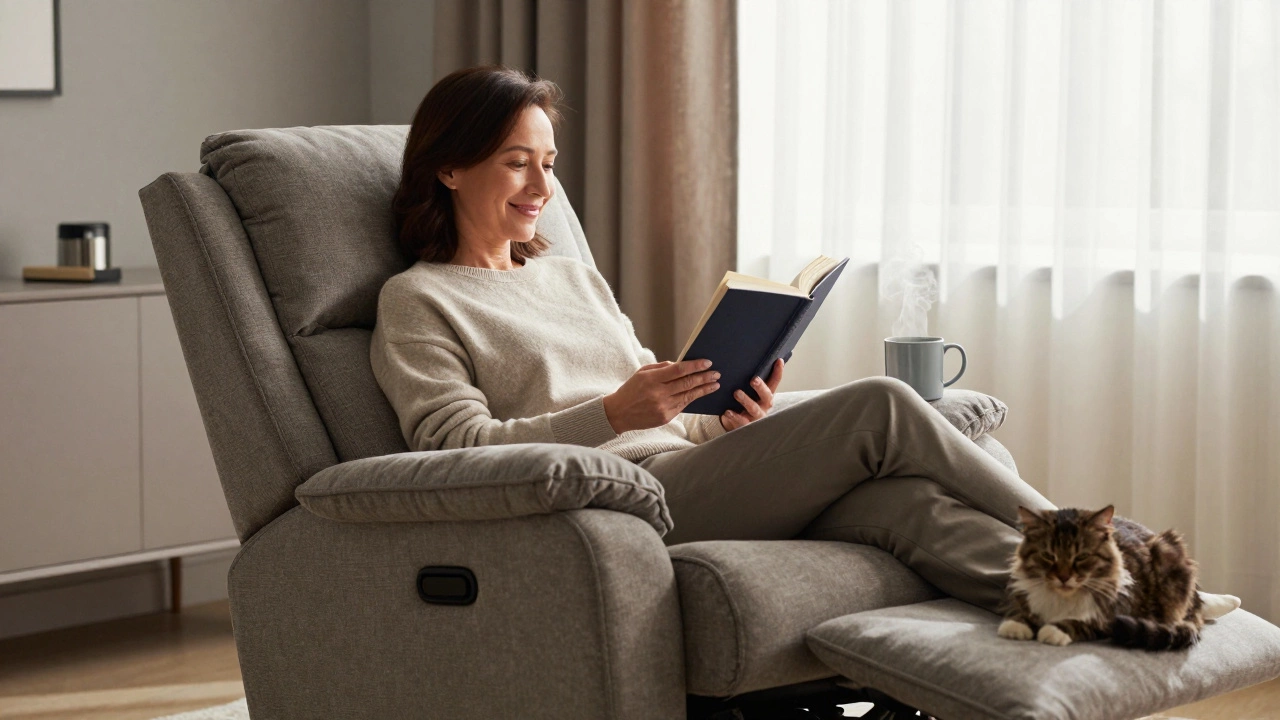 A woman reading peacefully in a modern recliner, soft daylight and a cat beside her, evoking quiet comfort.