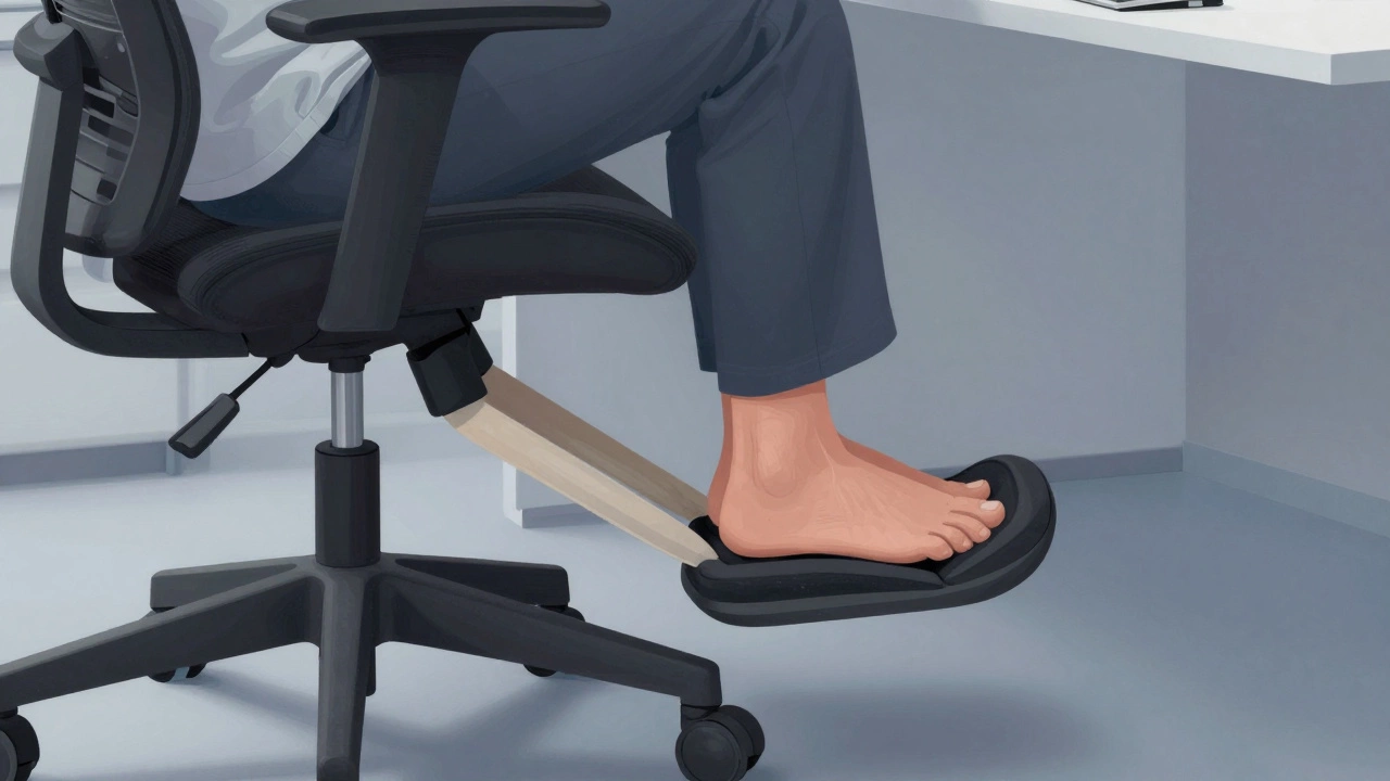 An adaptive office chair with footrest and resistance band, supporting subtle leg movement for sensory regulation.
