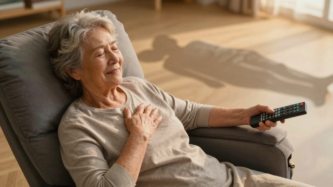 An elderly woman smiling in a recliner as a shadow of floor sleeping fades away.