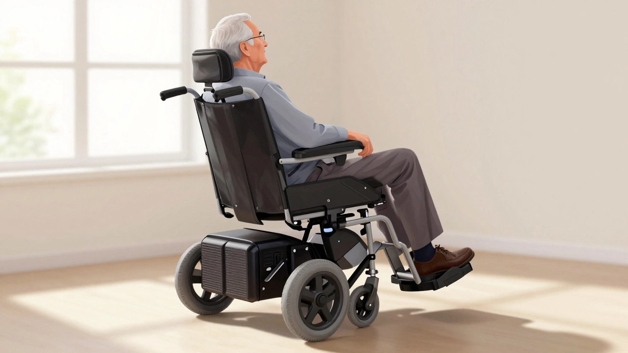 An older man being gently lifted to a standing position by a motorized recliner with backup battery.