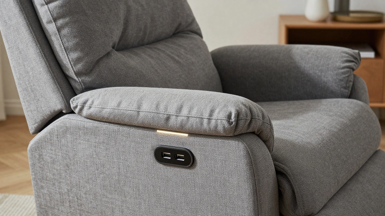 Close-up of a smart recliner with hidden touch controls and massage function.