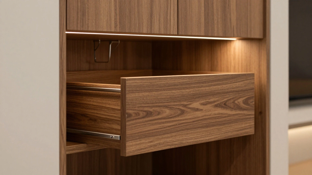 Close-up of custom fitted wooden cabinetry with hidden hardware details.