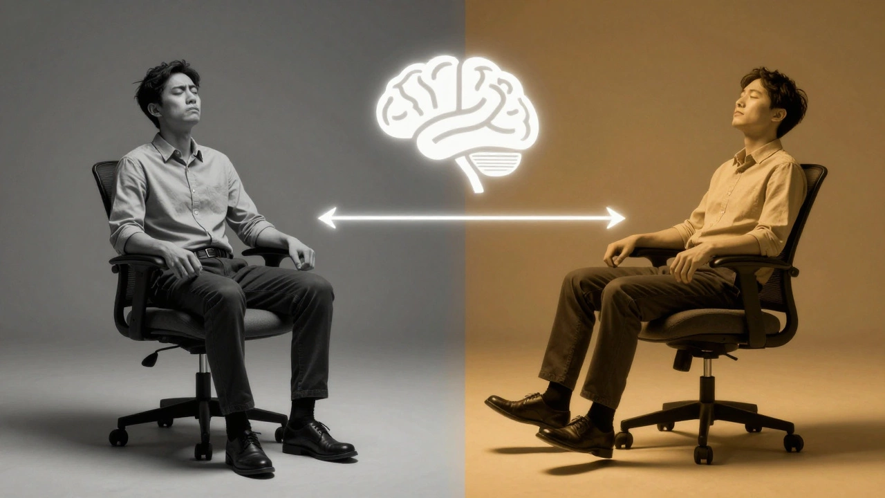 Contrasting images of rigid vs. adaptive seating, showing how movement improves focus for neurodivergent individuals.