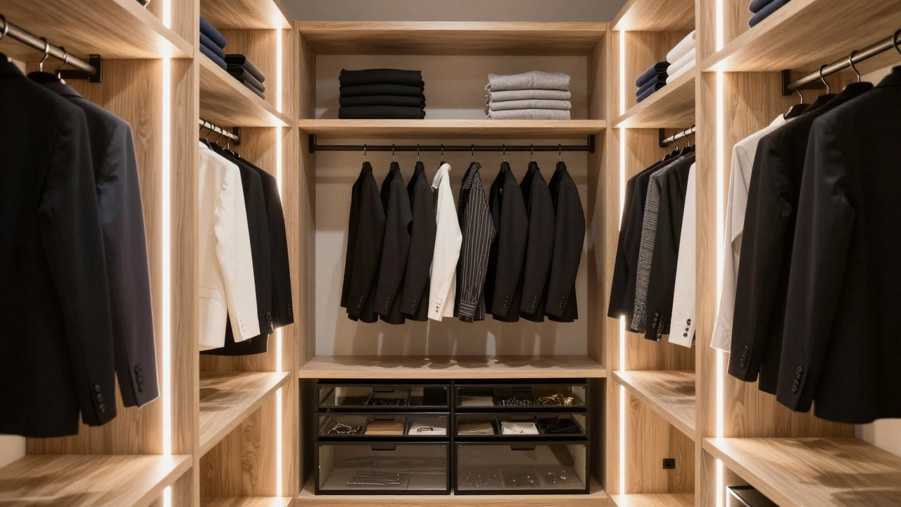Organized clothing racks illuminated by modern LED strip lighting inside.