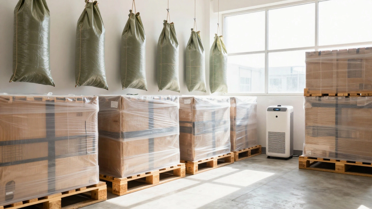 Organized storage room with items on pallets and drying bags hanging from ceiling