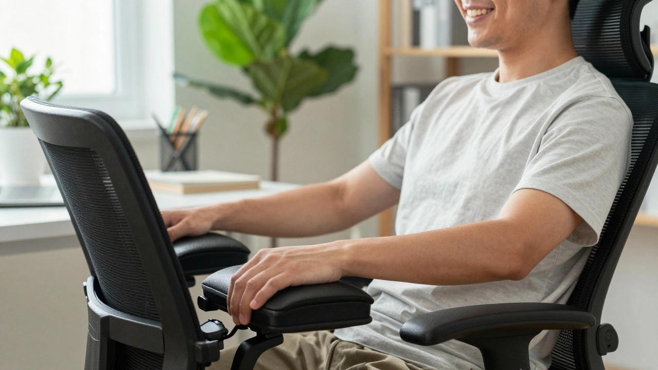 Person adjusting ergonomic armrests on an office chair with relaxed posture and natural light.
