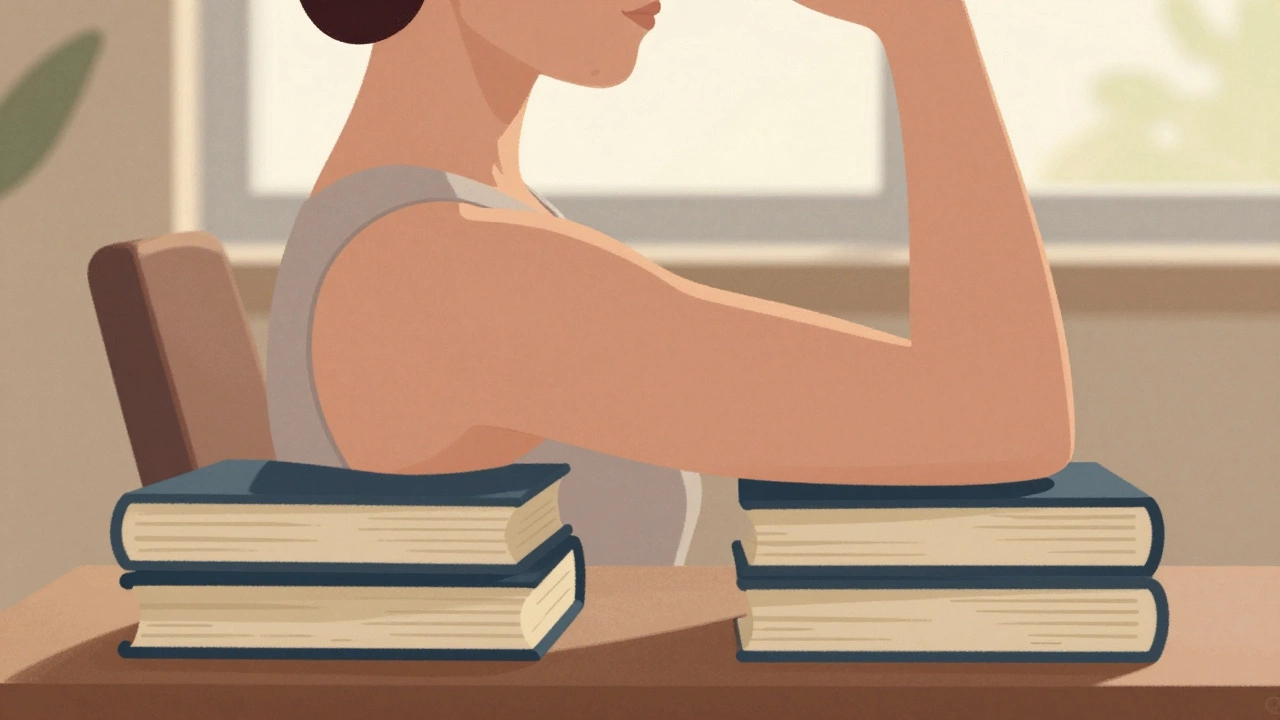 Person resting forearms on books beside their chair, showing improved posture and relaxed shoulders.