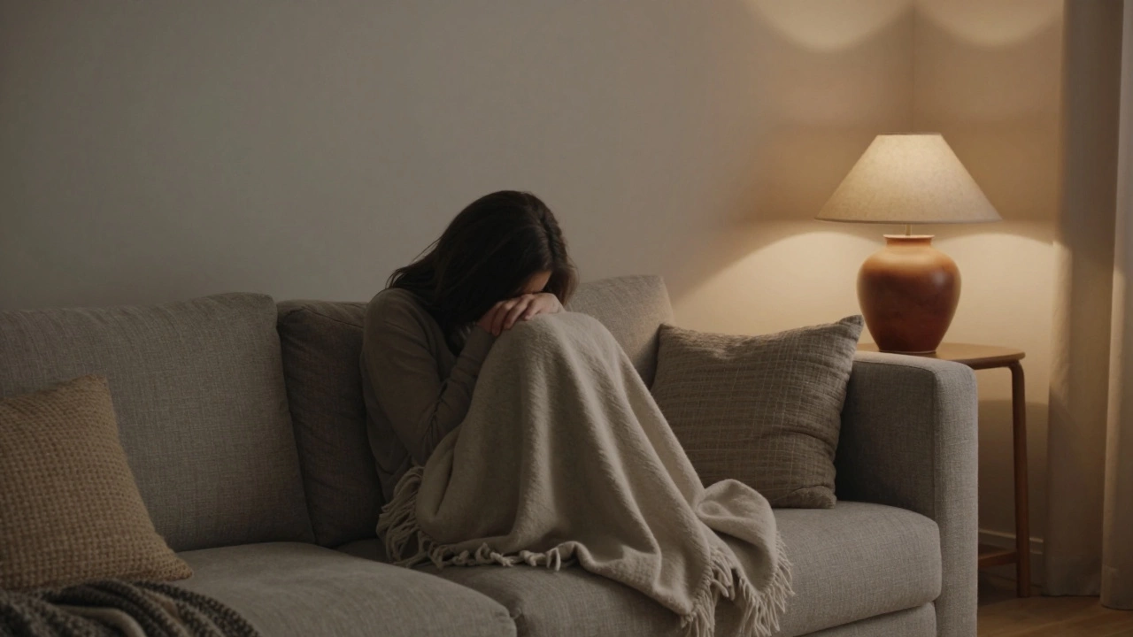 Someone relaxing on a warm greige sofa in soft evening light, surrounded by natural textiles and a rust-colored lamp.