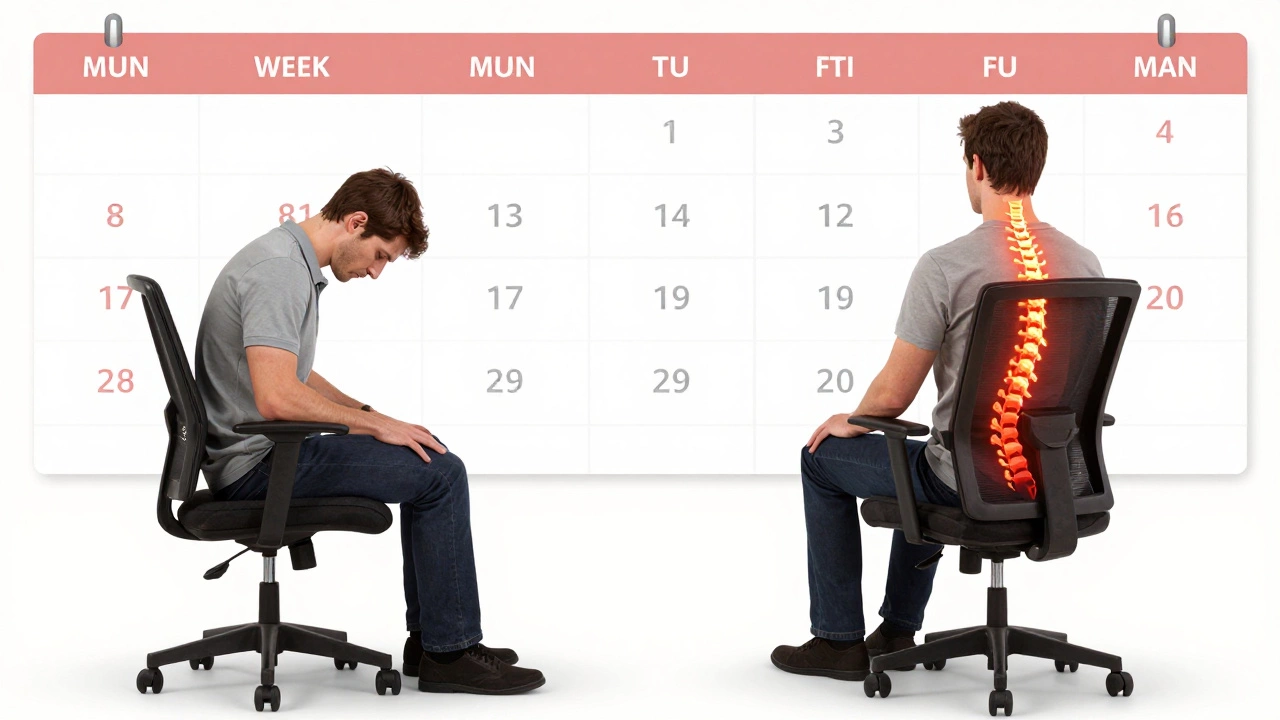 Split image showing fatigue from a task chair versus improved posture with an ergonomic office chair over time.