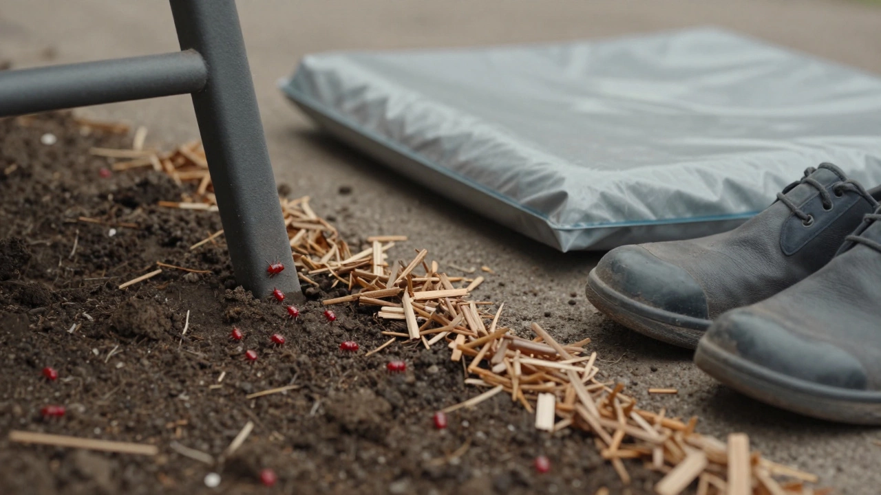 Tiny chiggers crawling toward furniture but blocked by diatomaceous earth and cedar chips.