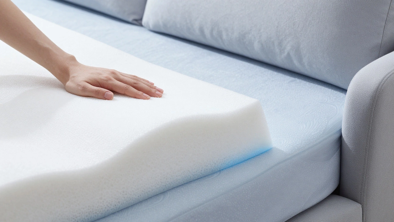 A hand pressing into high-density memory foam with a mattress topper