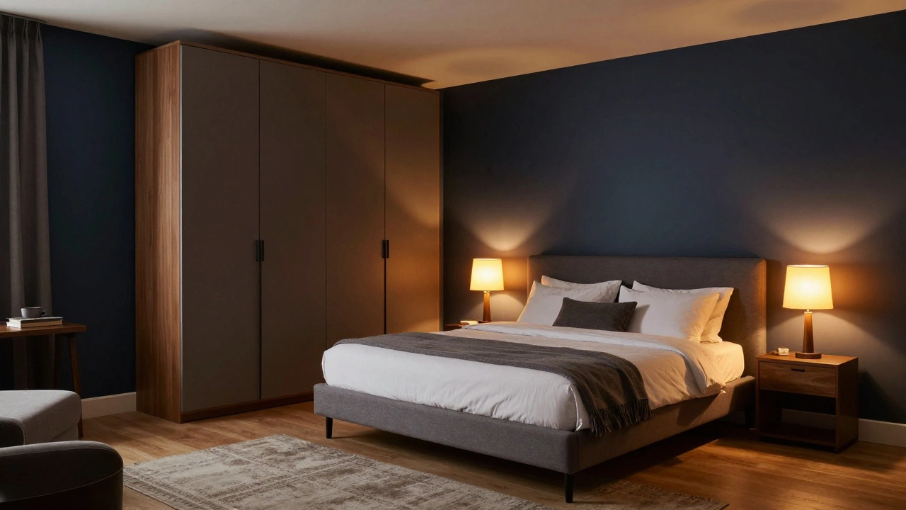 A modern Murphy bed folded against a wall in a cozy bedroom