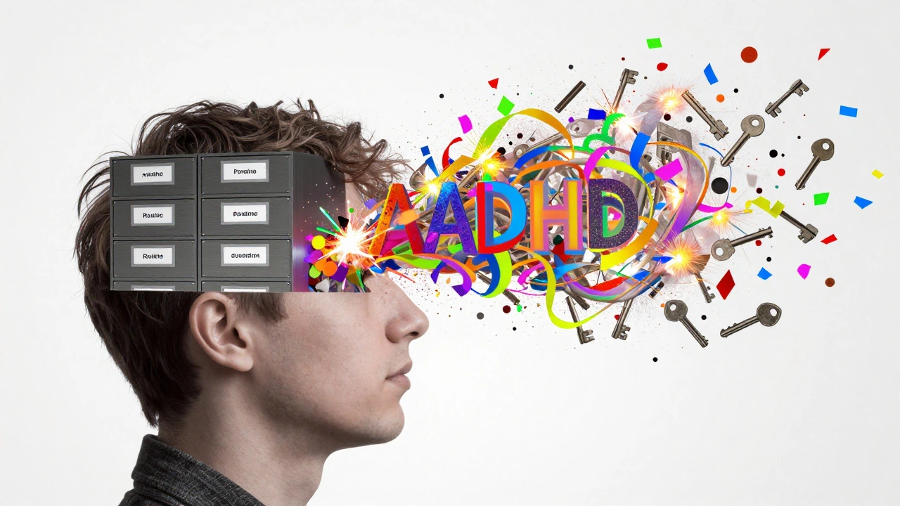 A surreal image of a brain containing both a rigid filing system and a colorful whirlwind.