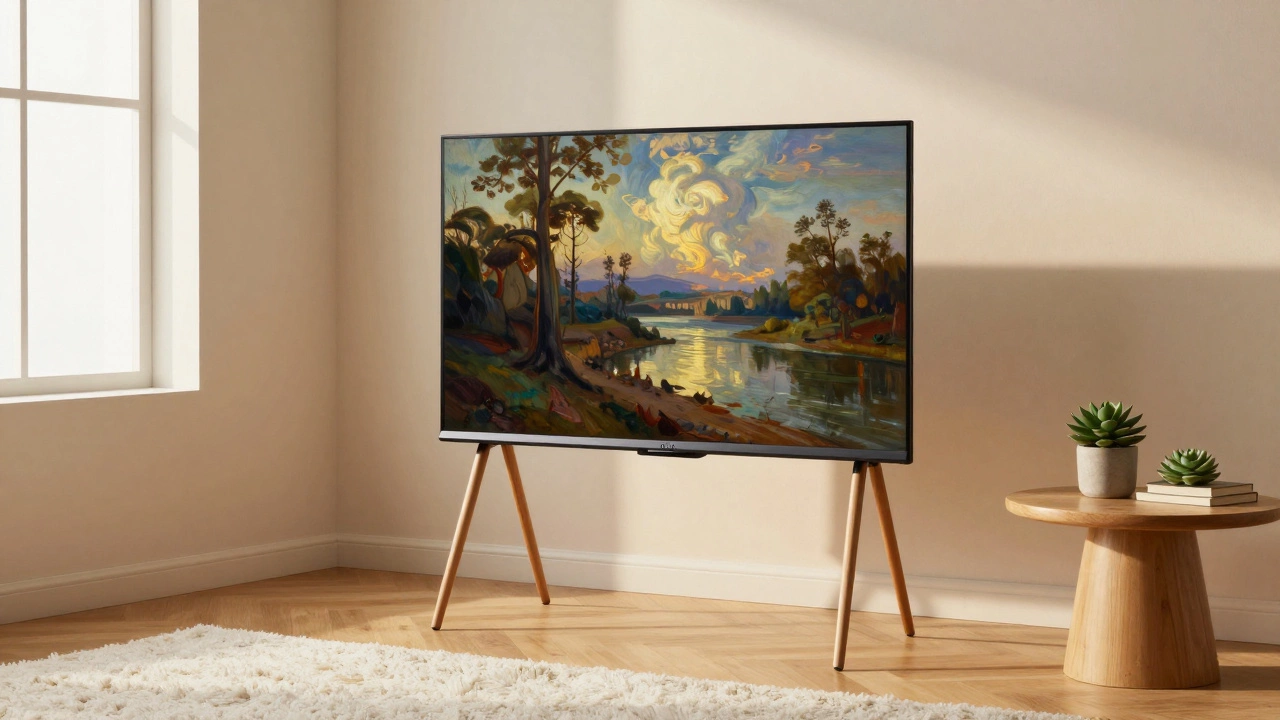 A television on a wooden easel stand displaying a painting in a Scandinavian style room.