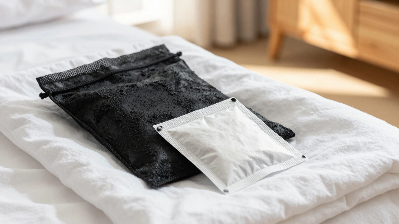 Activated charcoal and silica gel packets used for moisture control next to sunlit furniture.