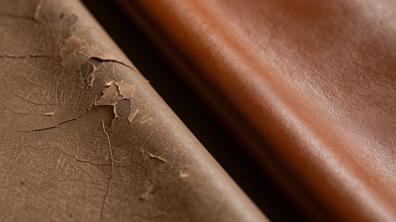 Close-up comparison of peeling bonded leather and durable top-grain leather.