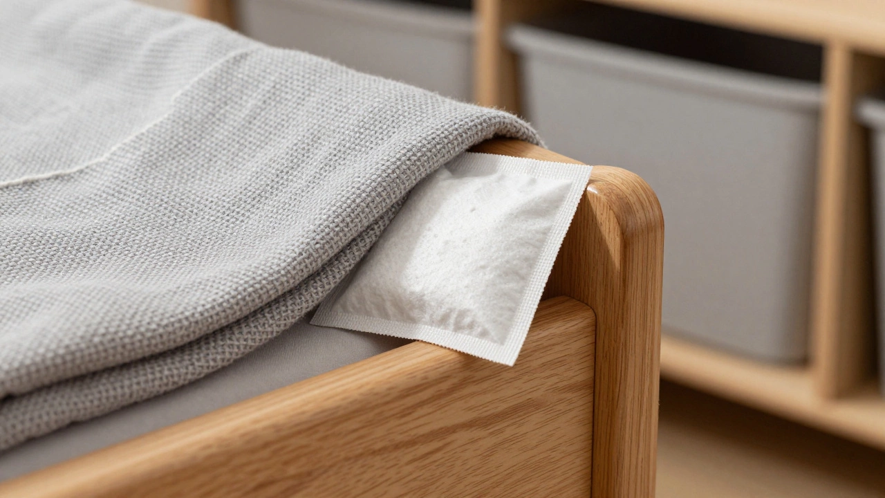 Close-up of a silica gel packet tucked into a moving blanket on a wooden furniture piece
