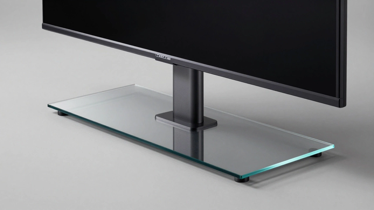 Close-up of a sturdy universal TV stand with a tempered glass base and metal support.