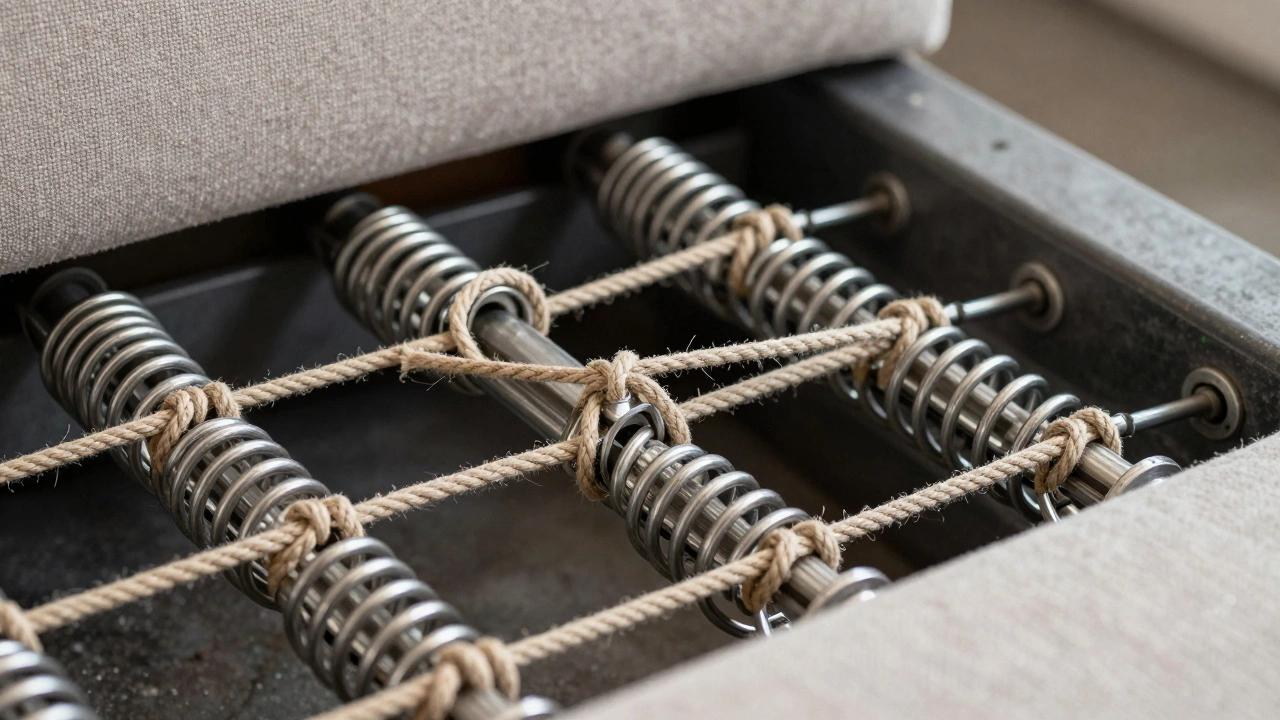 Close-up of eight-way hand-tied steel springs in a sofa suspension system.