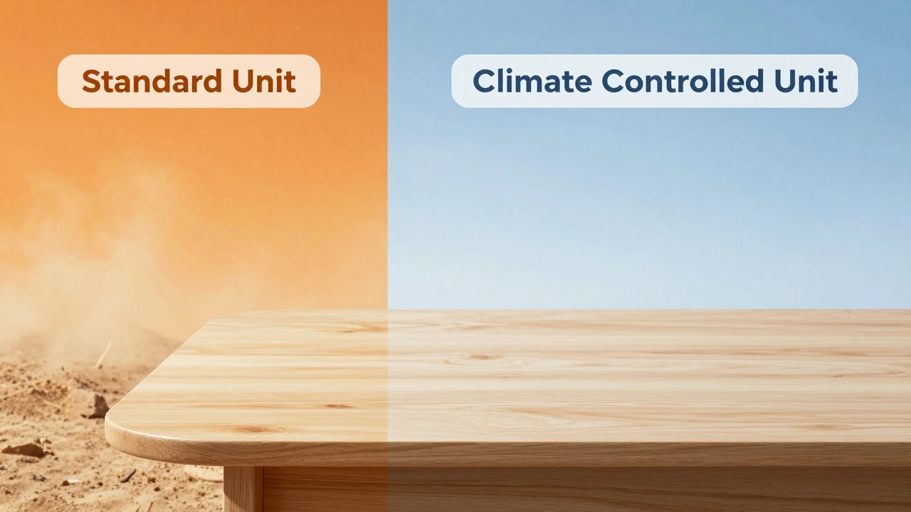 Comparison between a hot, dry storage unit with warped wood and a stable climate-controlled unit